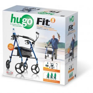 Le déambulateur avec siège, Fit 8 de Hugo®, dans sa boîte pour la vente au détail